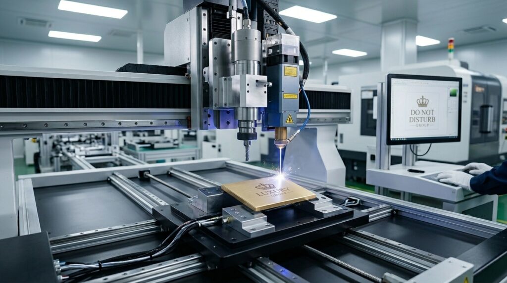 A state-of-the-art CNC machining and laser-engraving station inside a high-tech Chinese electrical manufacturing facility. A robotic laser is precisely engraving the words