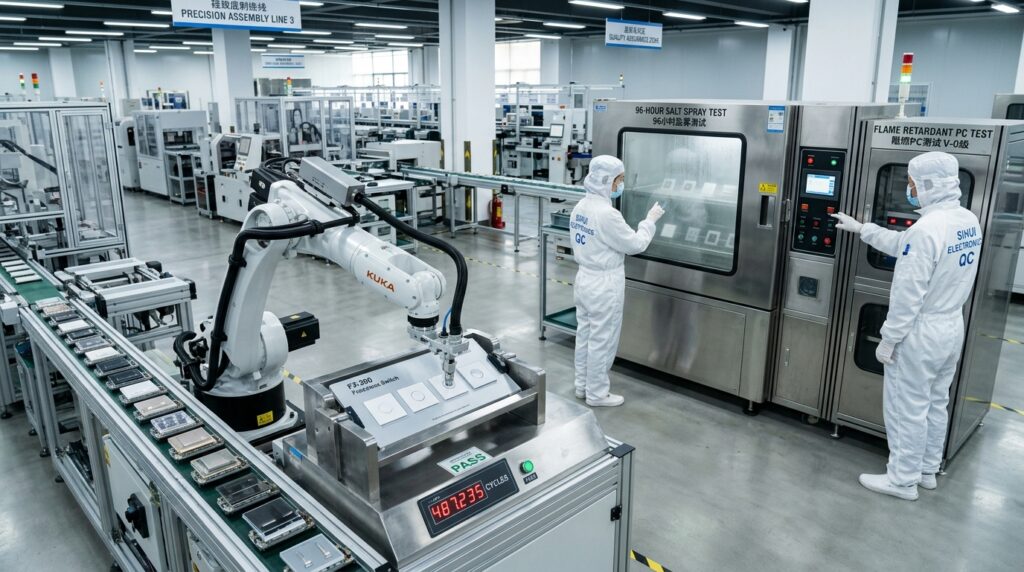 A pristine, high-tech manufacturing facility in China producing premium frameless electrical wall switches. In sharp focus, a modern automated assembly line with robotic arms conducting mechanical click-life tests on acrylic switch panels. In the background, engineers in cleanroom suits are inspecting the 96-hour salt spray test chambers and fire-retardant PC testing equipment. Professional industrial photography, bright factory lighting, conveying precision engineering and B2B manufacturing trust, 8k resolution.