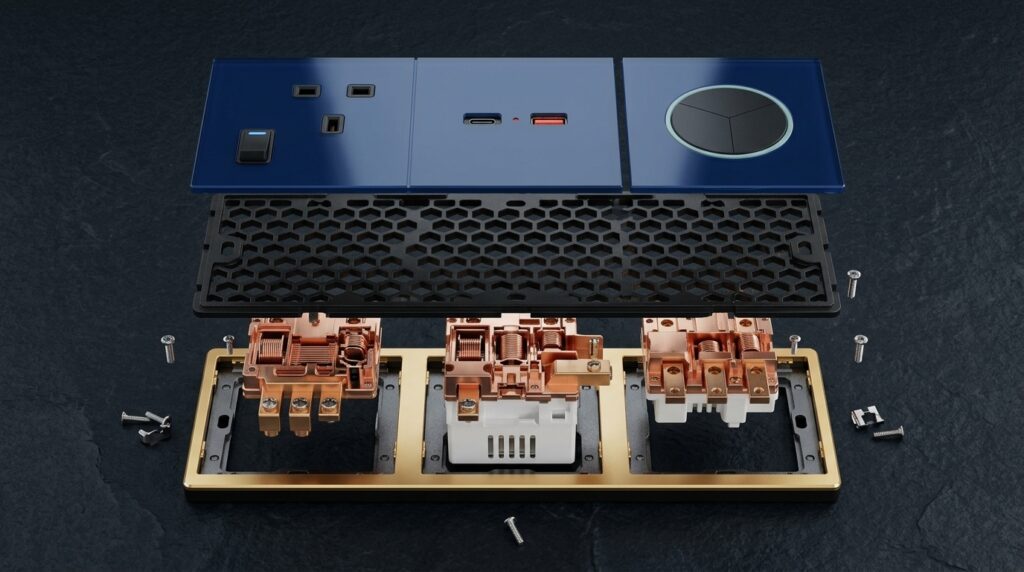 A highly detailed, creative flat-lay composition showing the modular components of a high-end wall switch. On a sleek, dark slate background, visually separate a premium custom-color tempered glass front plate, the sturdy anti-rust honeycomb iron backplate, and the internal copper electrical module featuring thick phosphor bronze terminals. High-end product photography, exploded view style, sharp focus, B2B technical marketing asset, 8k resolution.