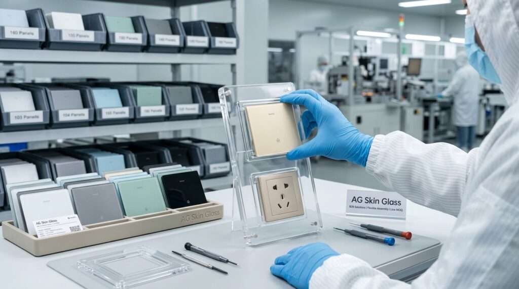 Inside a pristine, state-of-the-art Chinese electrical manufacturing facility. A close focus on a pristine, organized logistics and assembly station where a worker in a cleanroom suit is seamlessly snapping a luxury Champagne Gold acrylic frame onto a universal socket mechanism. Racks of various colored interchangeable frames are visible in the softly blurred background. Bright, clean industrial lighting, emphasizing modular flexibility, low MOQ assembly, and direct B2B manufacturing trust, 8k resolution.