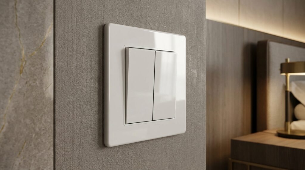 A hyper-realistic, high-end hotel suite interior showcasing a sleek, modern white wall switch. The switch features a pristine, high-gloss polycarbonate (PC) surface. The lighting is sophisticated and warm, highlighting the flawless, minimalist design of the switch perfectly integrated into a luxury textured wall. Professional architectural photography, 8k resolution, B2B product showcase, conveying absolute safety and premium quality.