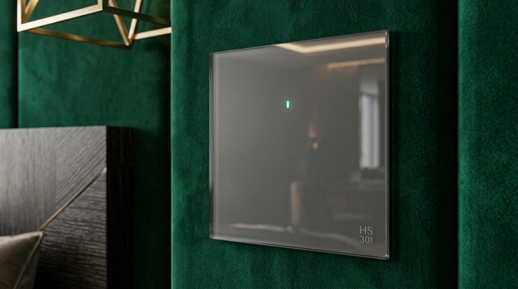 A hyper-realistic, ultra-luxury modern hotel suite interior featuring sophisticated ambient lighting. On a premium textured, dark emerald green accent wall, there is a close-up macro shot of a sleek, frameless tempered glass wall switch in a customized matching emerald color. The glass reflects the room's elegant lighting, featuring a subtle, glowing blue LED indicator. Professional architectural photography, 8k resolution, B2B product showcase, ultra-detailed.