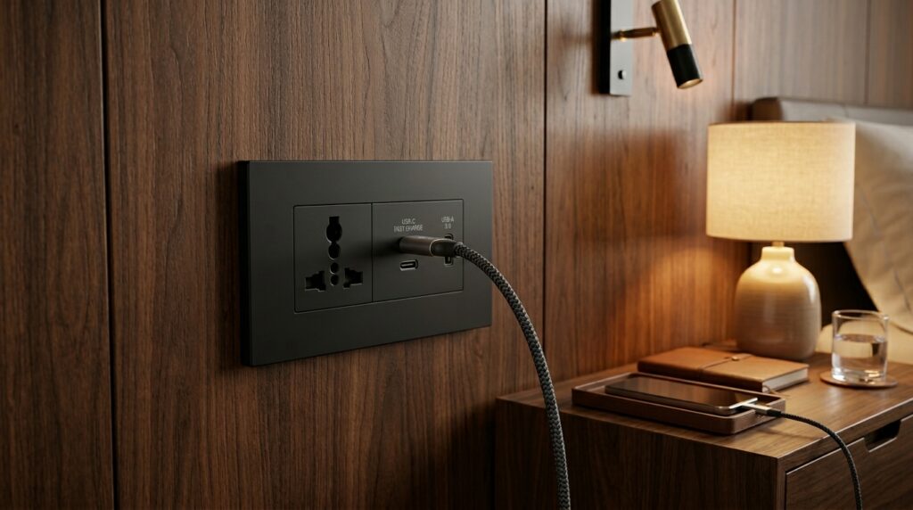 A hyper-realistic, ultra-luxury modern hotel bedside setting. On the premium textured, dark walnut wall panel, a close-up macro shot of a sleek, frameless matte black wall socket. The socket features a universal AC outlet alongside integrated, high-tech USB Type-A and USB Type-C fast charging ports. A premium braided Type-C cable is plugged in. Warm, sophisticated ambient lighting, professional architectural photography, 8k resolution, B2B product showcase, ultra-detailed textures.