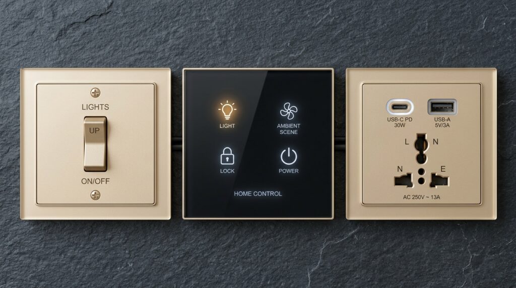 A creative, highly detailed flat-lay composition showcasing a unified electrical ecosystem. On a sleek slate background, display three distinct frameless switch panels side-by-side, all sharing the exact same premium Champagne Gold acrylic frame. Panel 1 is a traditional mechanical rocker switch; Panel 2 is a modern smart-home touch panel with subtle glowing icons; Panel 3 is a universal socket with USB A+C ports. High-end industrial B2B product photography, demonstrating aesthetic consistency, sharp focus, 8k resolution.