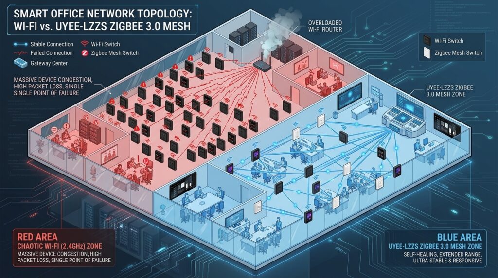 A futuristic, isometric digital twin visualization of a commercial office floorplan. It compares two network topologies. On the red side, hundreds of Wi-Fi switches are struggling to connect to a single, smoking router, showing dropped signals. On the blue side, the UYEE-LZZS Zigbee 3.0 mesh network is active: glowing interconnected lines form a resilient, unbroken web between dozens of wall switches, routing data efficiently back to a single, stable gateway hub. The aesthetic is cybernetic, clean, and highly professional.