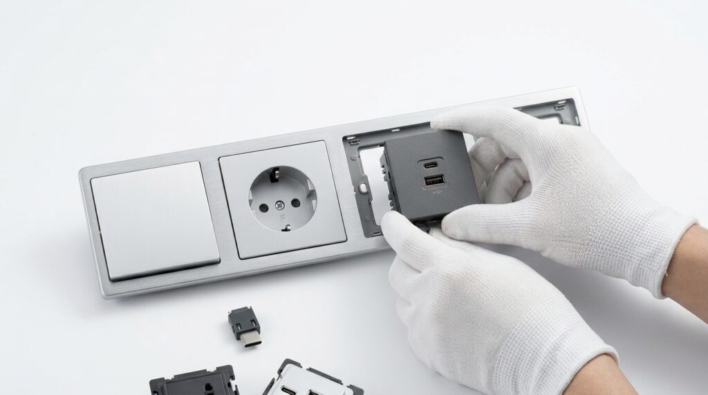 一张干净明亮、光线充足的摄影棚照片，展示了模块化组装过程。照片中，一双戴着白色防静电手套的手正在将一个紧凑的 USB-C+A 快速充电模块卡入一个光滑的四位拉丝铝合金框架中。框架上，模块旁边已经安装了一个 16AX 银合金开关和一个德标插座。背景是纯白色的技术表面，突显了 UYEE-LZZS 系统“乐高式”的灵活性和库存优化。